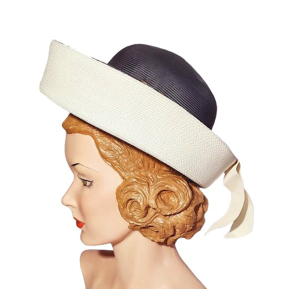 Dramatic 1960s Vintage Black & White Designer High End Straw Hat By Adolfo